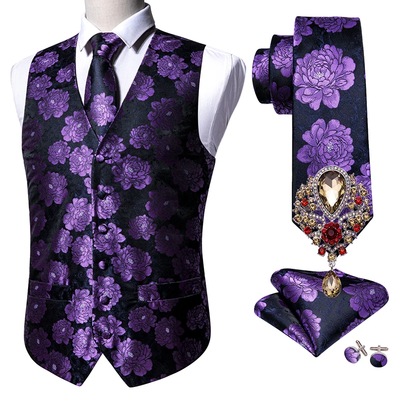 5 бр., дизайнерски мъжки сватбен костюм, жилетка, лилаво цвете жаккардовый копринена жилетка, брошки за вратовръзка, жилетка, комплект Бари.Ван Младоженеца0