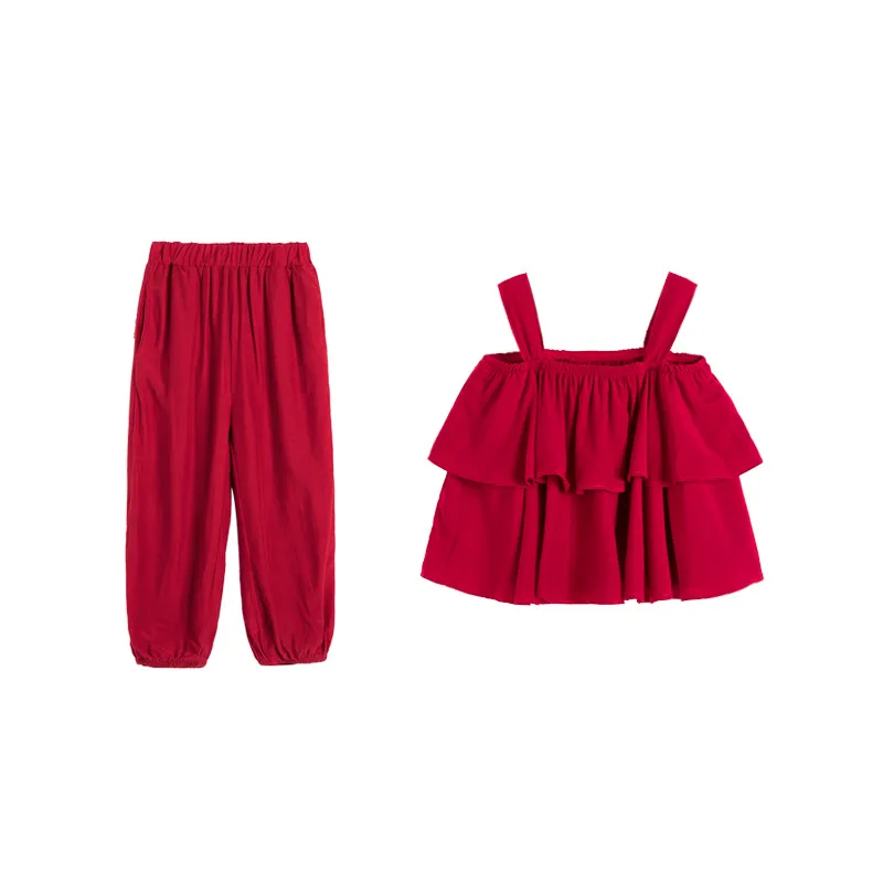 Лятна Мода Червена Риза-Камизола С Гънки Без Ръкави За малки Момичета, Върховете + Свободни Панталони, Комплект от 2 теми, Детски костюм на 2-8 години5