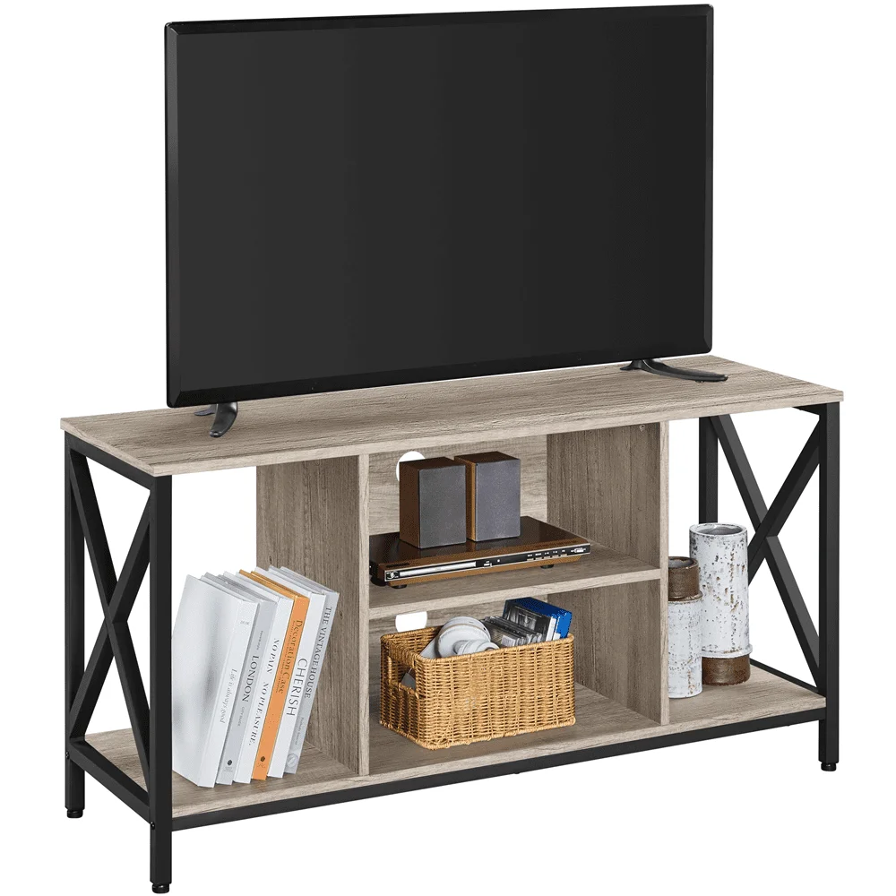 47-инчов промишлена дървена поставка за телевизор с място за съхранение в хола, сив0