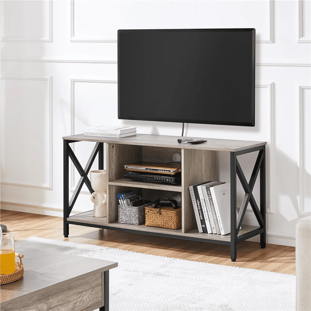 47-инчов промишлена дървена поставка за телевизор с място за съхранение в хола, сив3