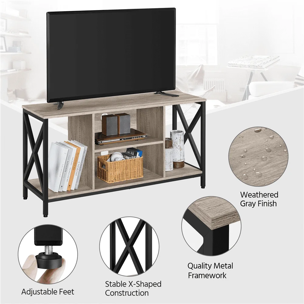 47-инчов промишлена дървена поставка за телевизор с място за съхранение в хола, сив5