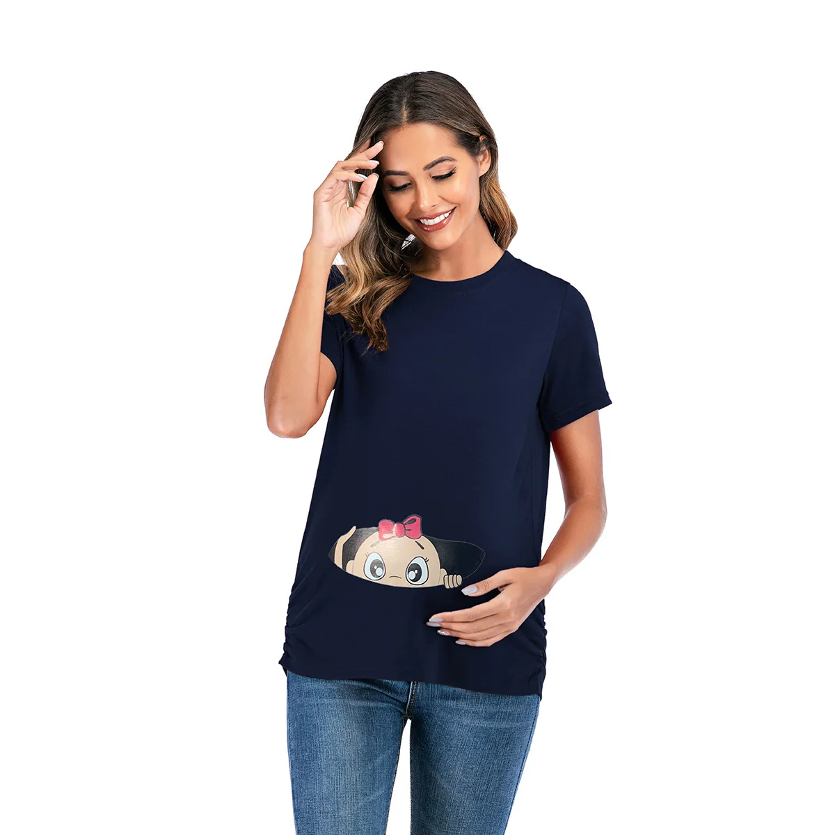 1 бр. тениска за бременни, тениски за бременни, тениска с кръгло деколте и къси ръкави с хубав детски принтом, топове за бременни, дрехи за мама, тениска с израз на дете1