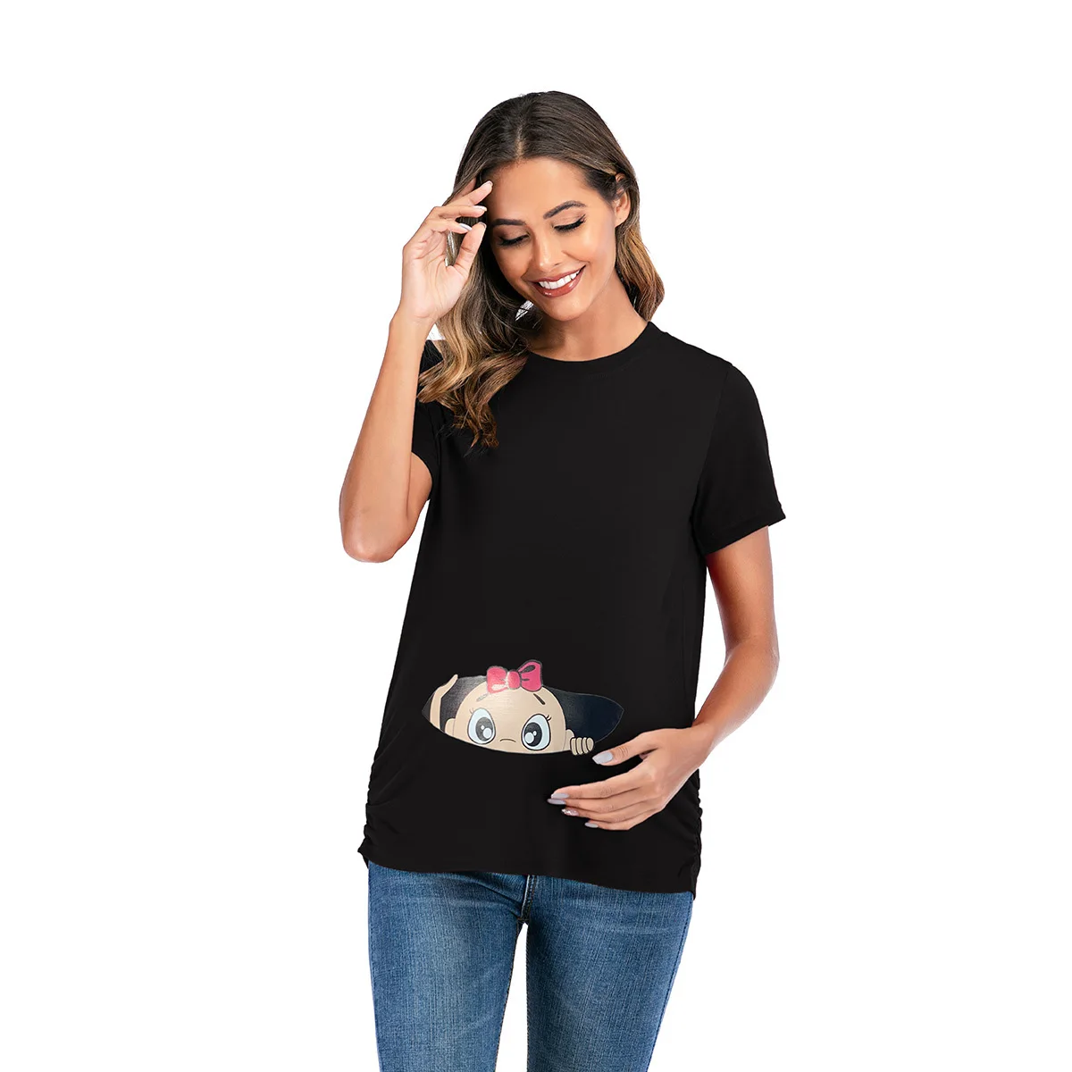 1 бр. тениска за бременни, тениски за бременни, тениска с кръгло деколте и къси ръкави с хубав детски принтом, топове за бременни, дрехи за мама, тениска с израз на дете4