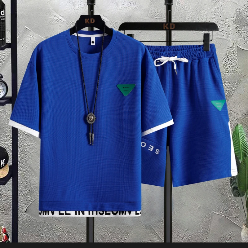 Комплект шорти 2023, Мъжки Однотонная тениска от вафла тъкани и комплект от две части с Къс Ръкав, Мъжки Спортен Костюм, Дишаща Мъжки спортен костюм4