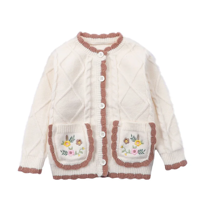 Новородените момичета плетене жилетка Есен Зима памучни дрехи сладка бродерия на цветя пуловер с джоб вязаный сако топ0