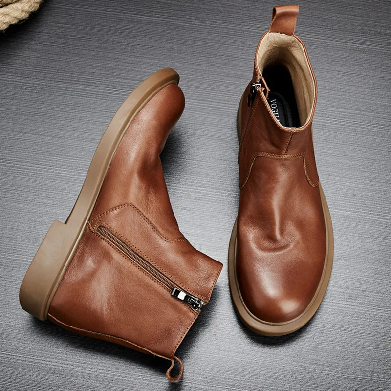Бизнес мъжки обувки Челси, ботильоны, британски каубойски ботуши с мека подметка в ретро стил, висококачествени мъжки зимни обувки от естествена кожа1