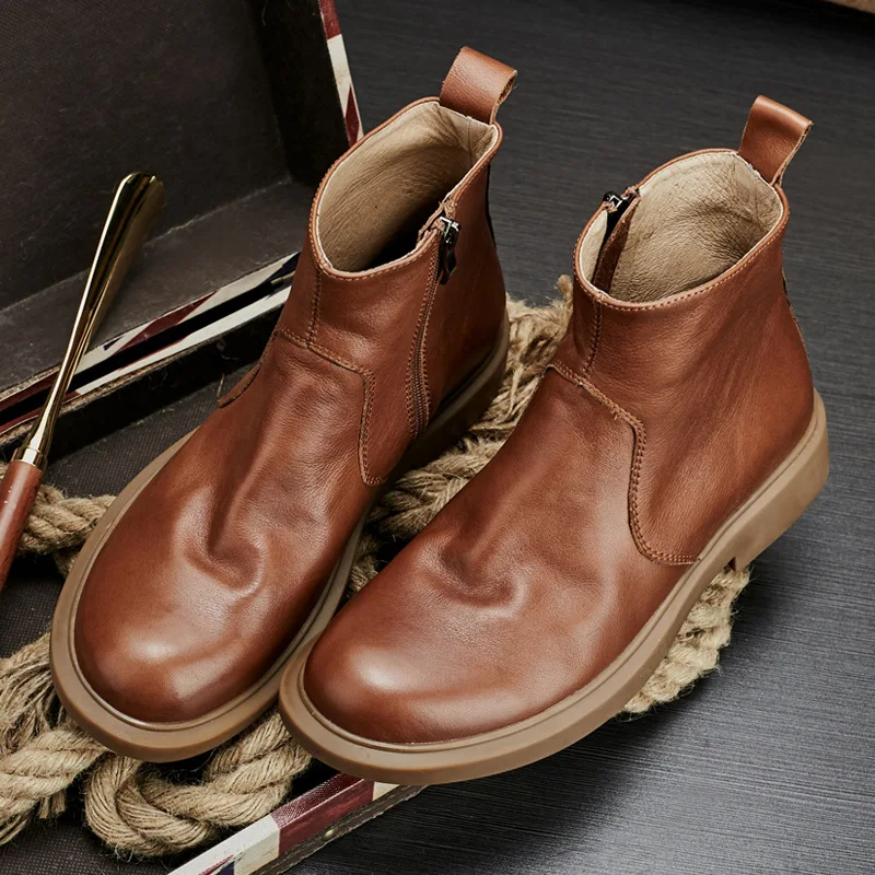Бизнес мъжки обувки Челси, ботильоны, британски каубойски ботуши с мека подметка в ретро стил, висококачествени мъжки зимни обувки от естествена кожа3