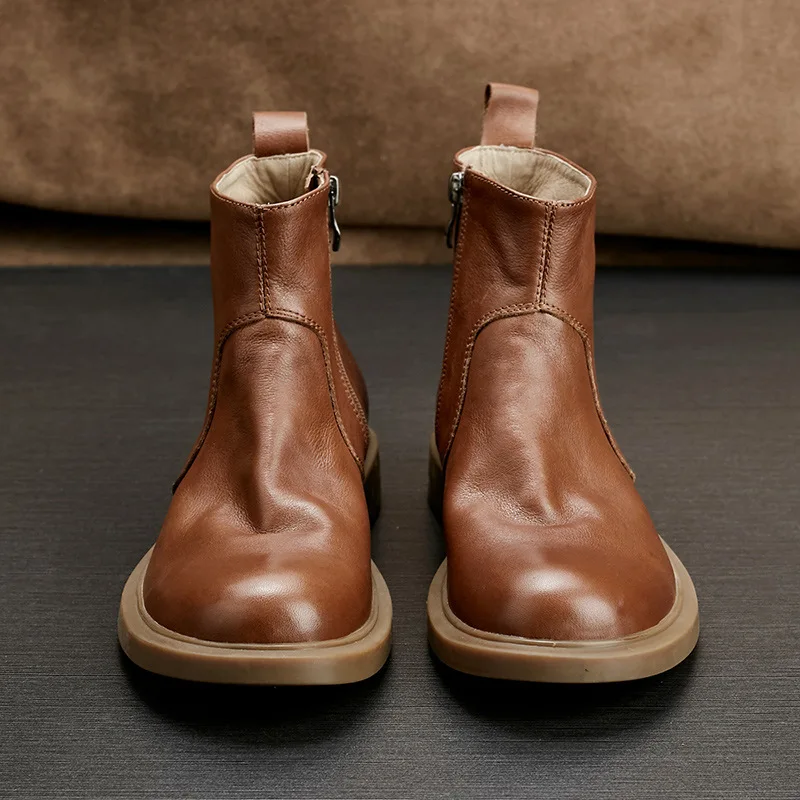 Бизнес мъжки обувки Челси, ботильоны, британски каубойски ботуши с мека подметка в ретро стил, висококачествени мъжки зимни обувки от естествена кожа4