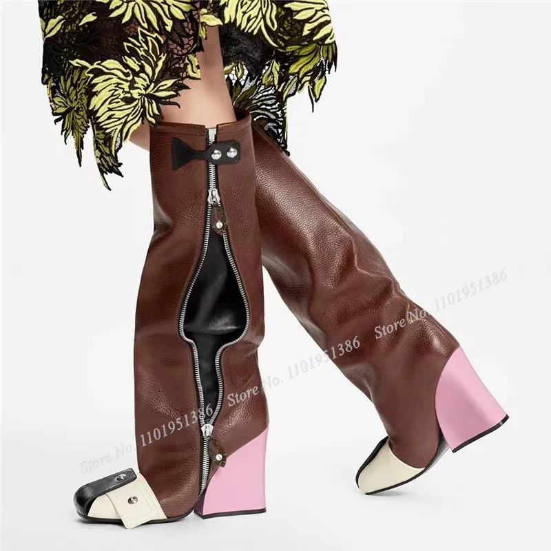 Moraima Snc/ Обувки с Квадратни пръсти и страничен цип, Многоцветни Нагънат Ботуши до Коляното на Високо Масивна Токчета за Жени, Зимни Zapatillas Mujer2