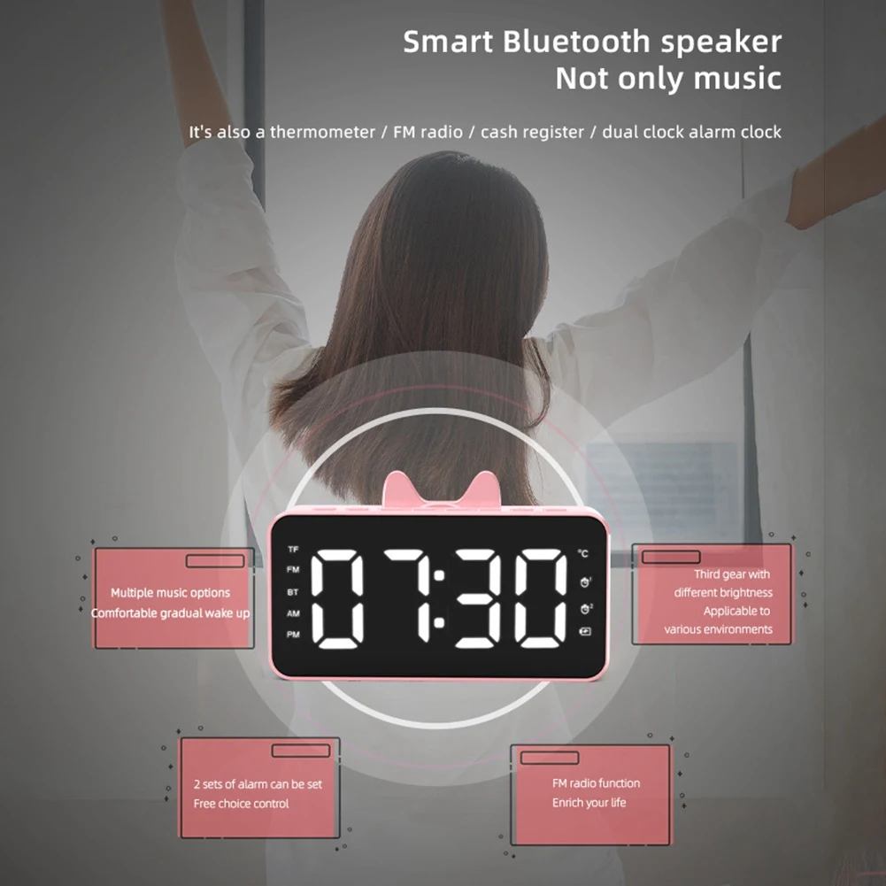 Многофункционална аларма Радио Настолни часовници с LCD дисплей, Bluetooth възпроизвеждане на музика от Цифров часовник с аларма за домашния офис бяла2
