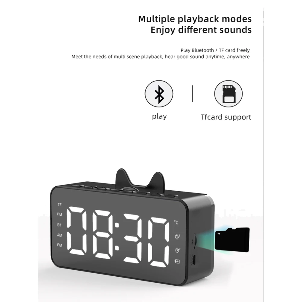 Многофункционална аларма Радио Настолни часовници с LCD дисплей, Bluetooth възпроизвеждане на музика от Цифров часовник с аларма за домашния офис бяла4