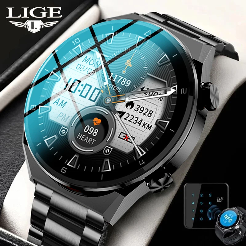 LIGE NFC 412*412 Смарт Часовник с HD Екран, Мъжки Умни Часовници, Безжично Зарядно Устройство, Бизнес Часовници, Нови Bluetooth Часовници за Android и IOS0