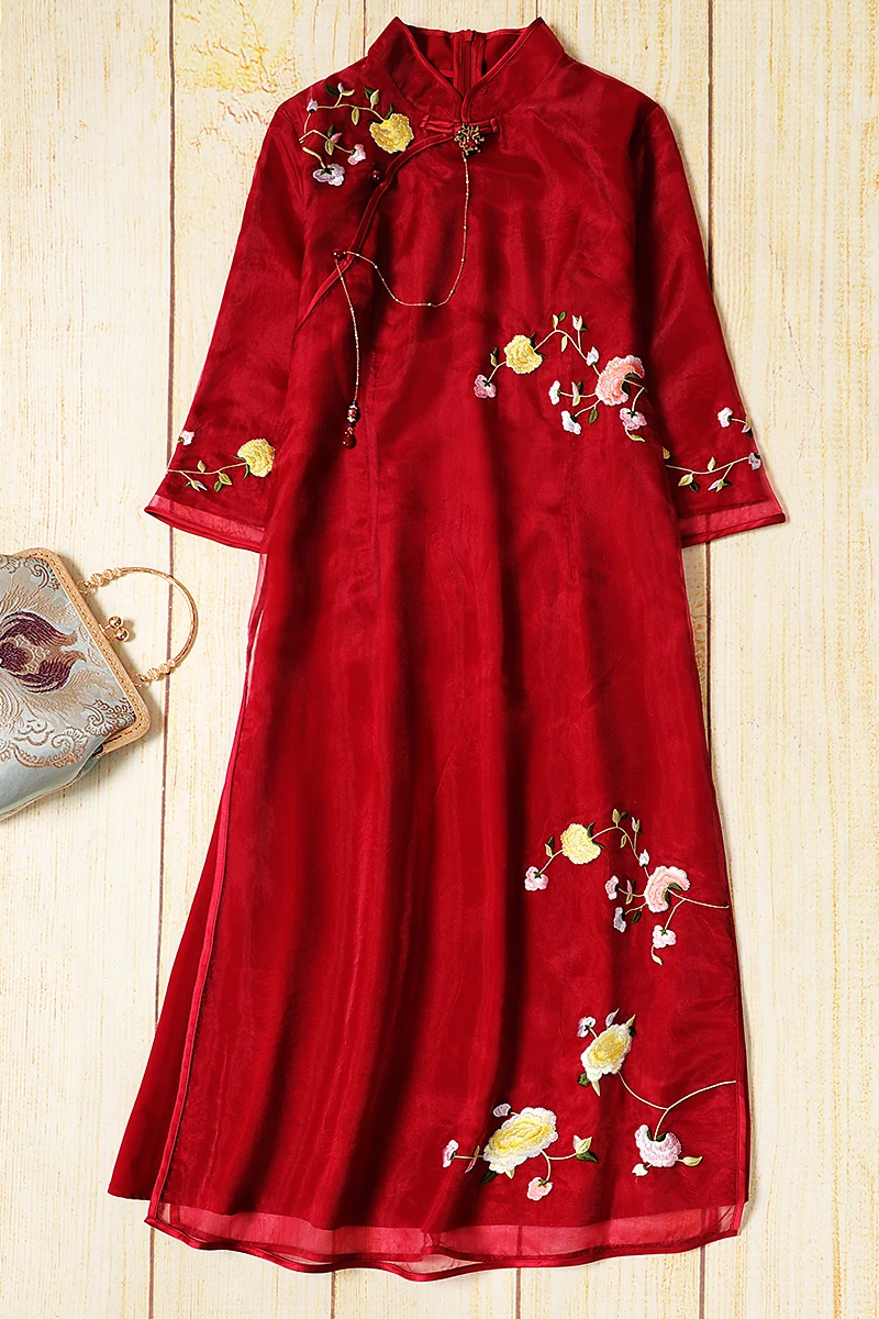 Червено Ципао Модифицирано Рокля Чонсам от Пролетно-лятната Нова Винтажной Бродерия В Етнически стил С Наклонена Пуговицей Ougen Yarn Dress5