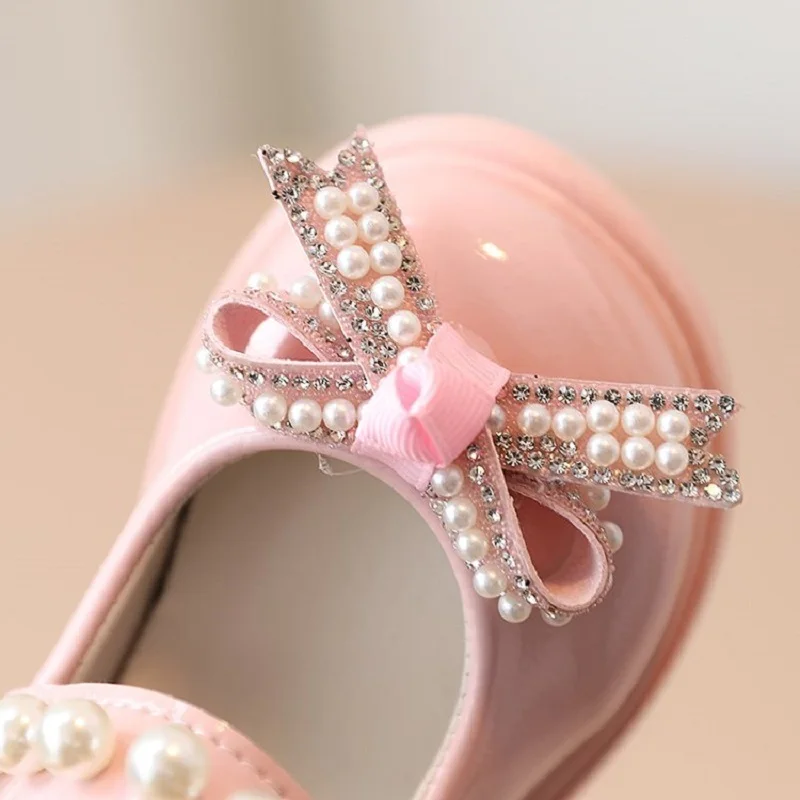 Детски модни обувки принцеса от изкуствена кожа с перлата на носа и възел за момичета, детски обувки с пеперуди4