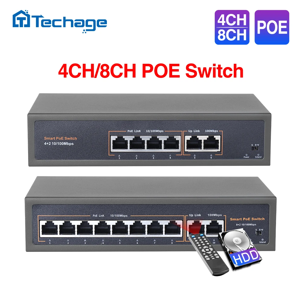 Techage 4CH 8CH 16CH Мрежов комутатор POE 52V с IP камера IEEE 802.3 af/at Over Ethernet 10/100 Mbit/с/Безжична точка за достъп/Камера за видеонаблюдение0