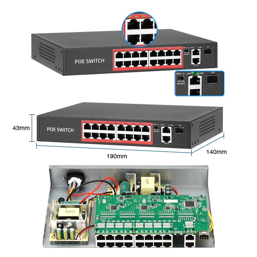 Techage 4CH 8CH 16CH Мрежов комутатор POE 52V с IP камера IEEE 802.3 af/at Over Ethernet 10/100 Mbit/с/Безжична точка за достъп/Камера за видеонаблюдение4