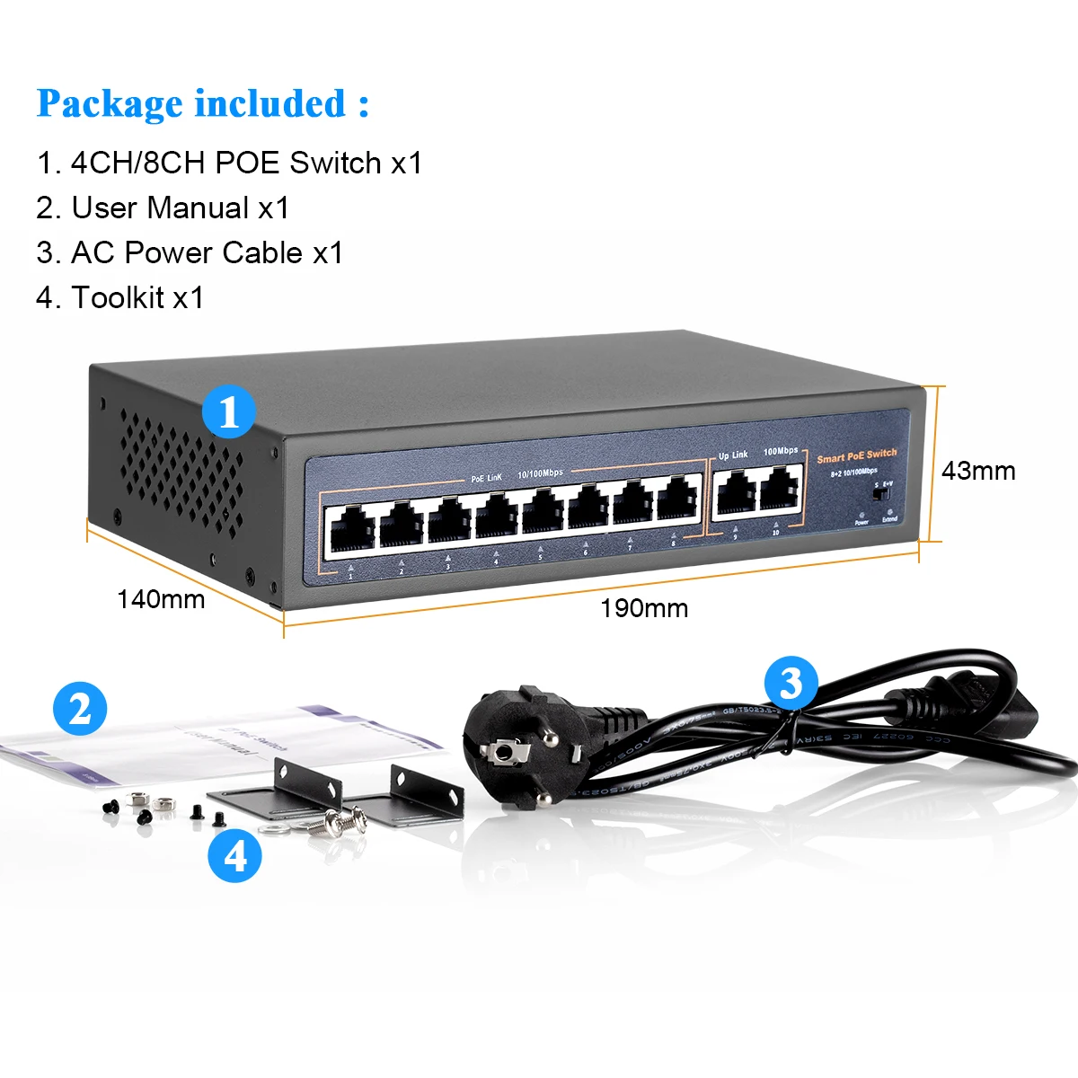 Techage 4CH 8CH 16CH Мрежов комутатор POE 52V с IP камера IEEE 802.3 af/at Over Ethernet 10/100 Mbit/с/Безжична точка за достъп/Камера за видеонаблюдение5