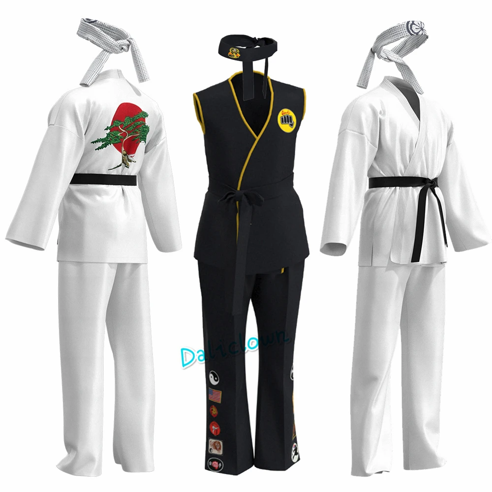 Детски костюм за cosplay KOF Cobra Kai, детско стилно черно-бяло кимона, униформи, превръзка на главата, костюм за парти в стил Аниме за Хелоуин, спортен костюм0