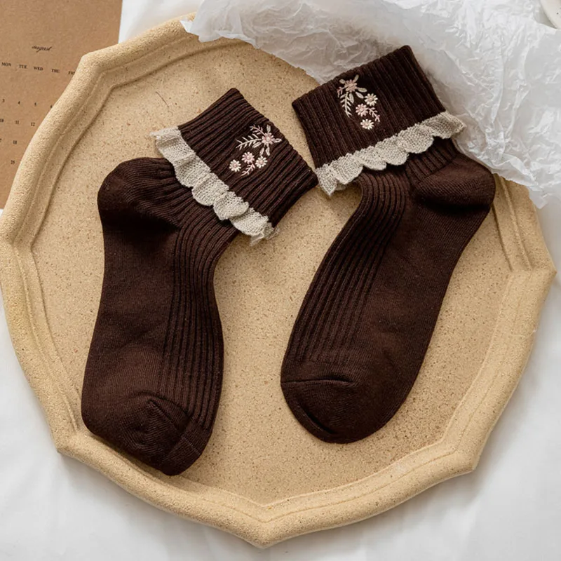 Японски сладки чорапи Jk, дантелени чорапи с пискюли и рюшами по краищата, дамски модни чорапи с цветна бродерия в стил харадзюку, ретро, с кръгло деколте3