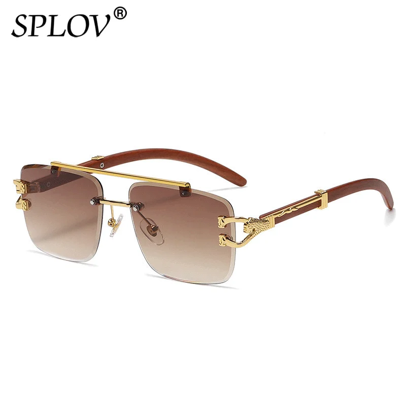 Ретро дървени квадратни слънчеви очила, дамски луксозни мъжки слънчеви очила, фирмен дизайн, златни леопардовые очила с двойна греда, декоративни очила с UV4000