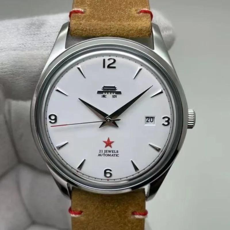 Часовници Beijing Ретро изчистен циферблат син сапфир Модерен бизнес Баухаус Red Star 21Jewels Автоматични механични часовници за мъже0