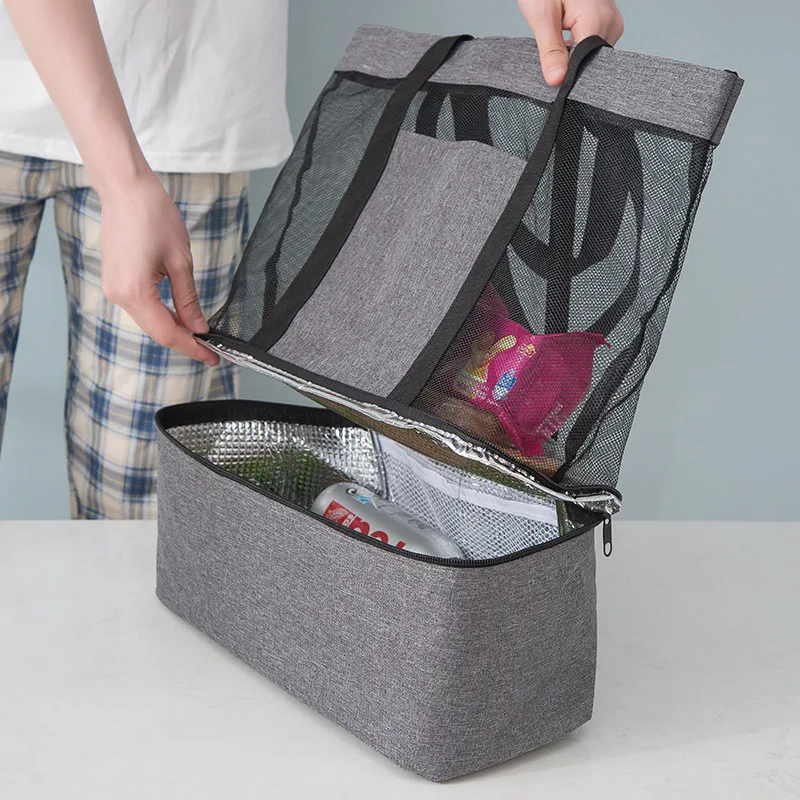 2 в 1, двуслойни чанти за пикник на открито, на женската чанта-тоут с мрежа с голям капацитет, топлоизолация, хладилник за съхранение на bento, чанта-тоут0