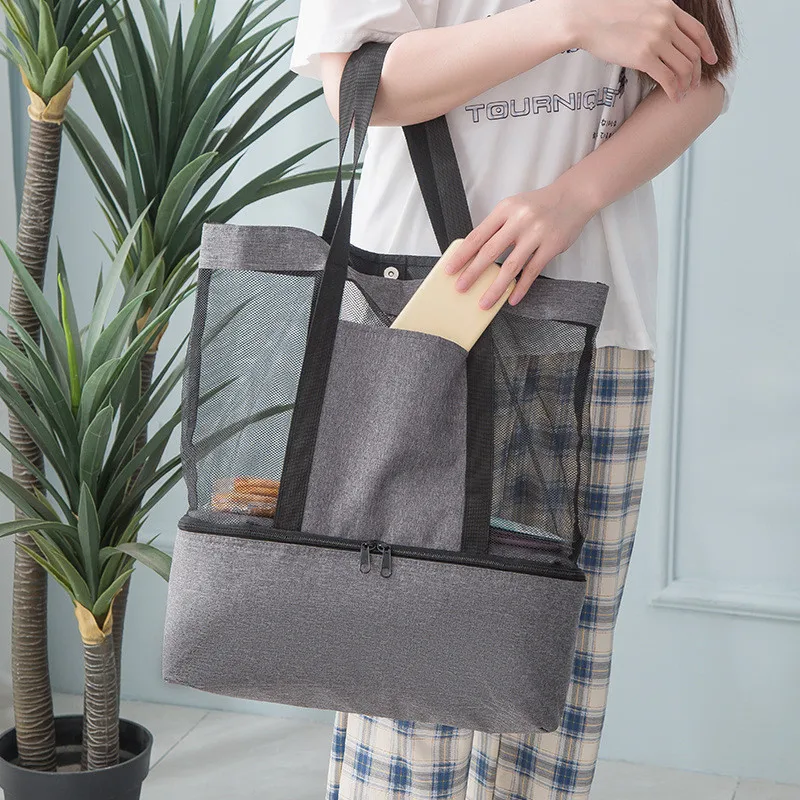2 в 1, двуслойни чанти за пикник на открито, на женската чанта-тоут с мрежа с голям капацитет, топлоизолация, хладилник за съхранение на bento, чанта-тоут1