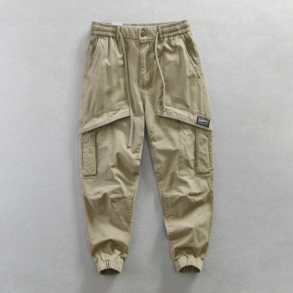 Японски памук случайни гащеризон, мъжки свободни панталони в голям размер, с няколко джобове, тенденция 100, прави панталони с завязками, дълги панталони0