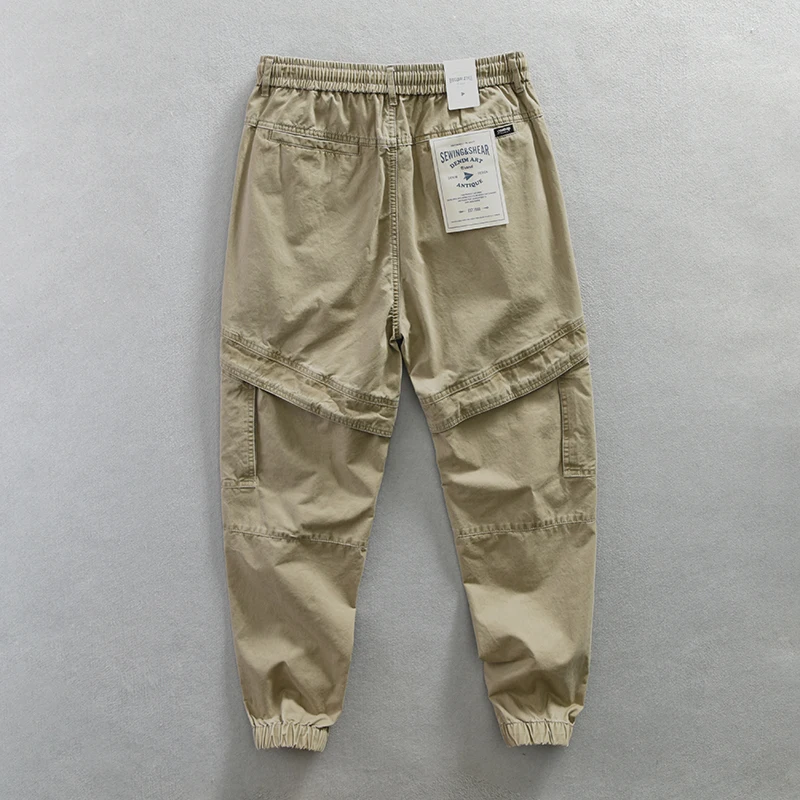 Японски памук случайни гащеризон, мъжки свободни панталони в голям размер, с няколко джобове, тенденция 100, прави панталони с завязками, дълги панталони1