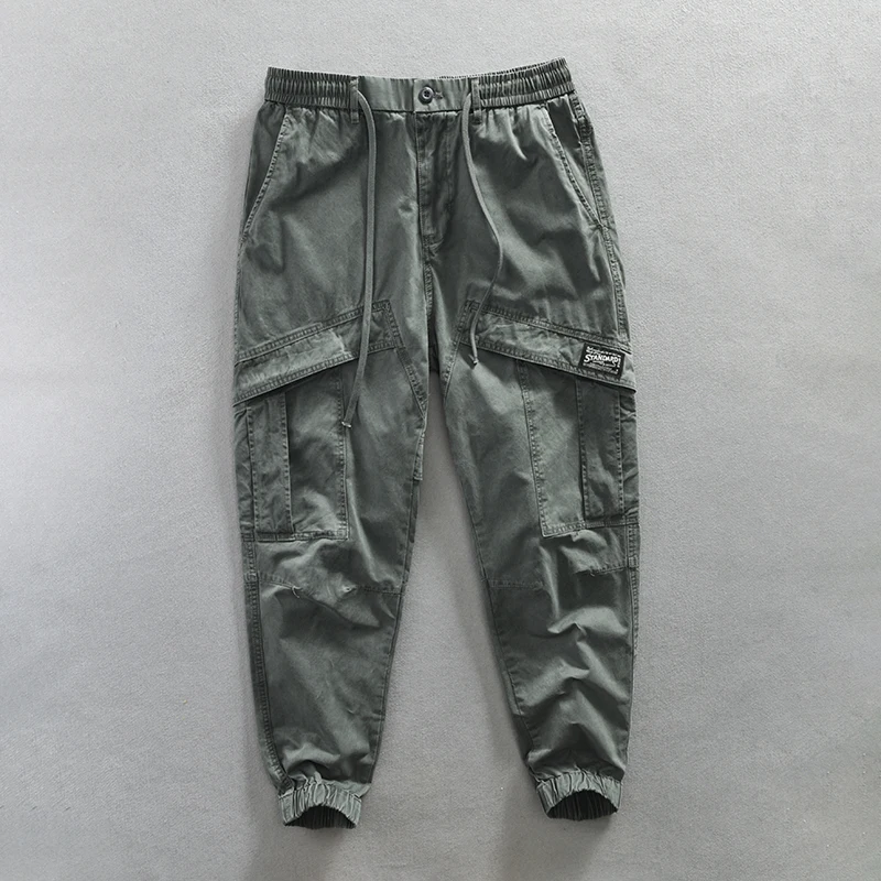 Японски памук случайни гащеризон, мъжки свободни панталони в голям размер, с няколко джобове, тенденция 100, прави панталони с завязками, дълги панталони3