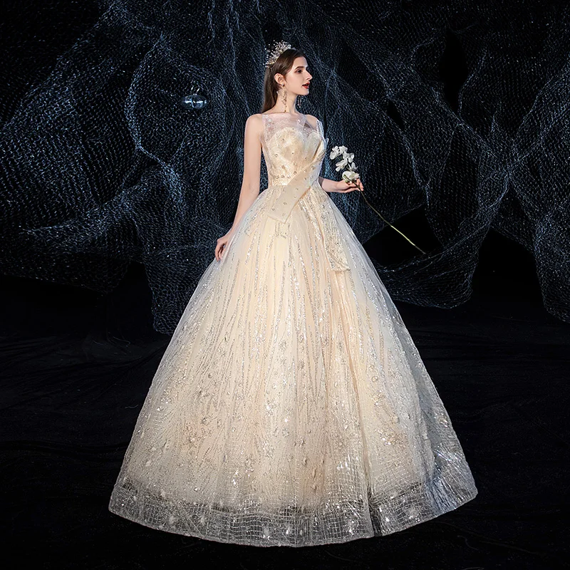 Сватбена рокля, нова луксозна бална рокля, без презрамки, цвят шампанско, класическата сватбена рокля с пайети, с индивидуални размери за булката4