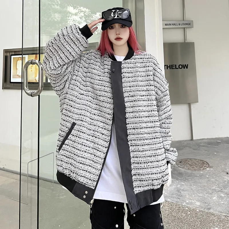 Дамско модно палто-жилетка в райе, есен 2023, нова корейска версия, всекидневни свободен жилетка с цип, на горно облекло3