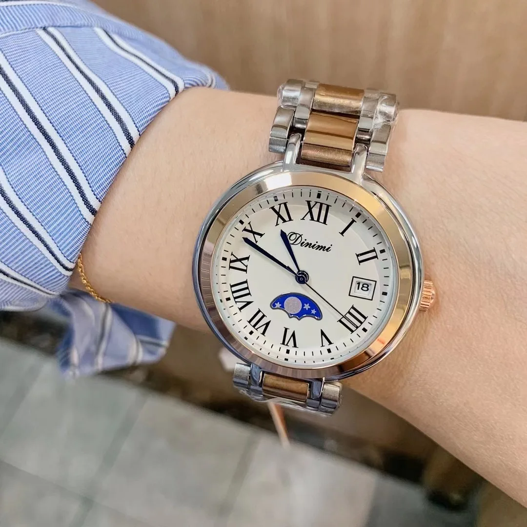 Неутрални чист дамски часовници е от неръждаема стомана, ръчен часовник за любителите на бизнеса, фаза на Луната, Римски часовник, календар, Waterpoof, мъжки часовник2