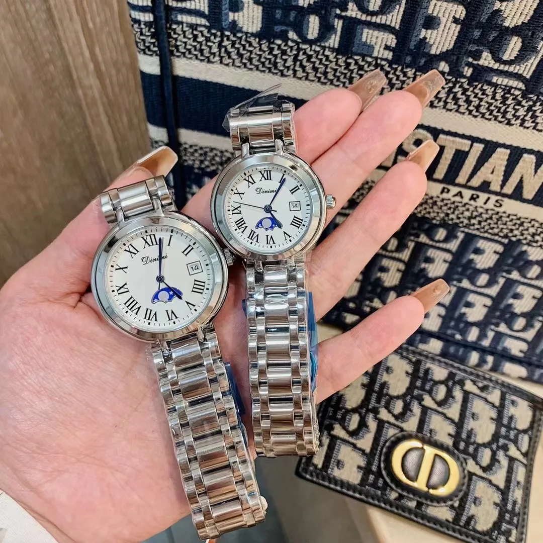 Неутрални чист дамски часовници е от неръждаема стомана, ръчен часовник за любителите на бизнеса, фаза на Луната, Римски часовник, календар, Waterpoof, мъжки часовник5
