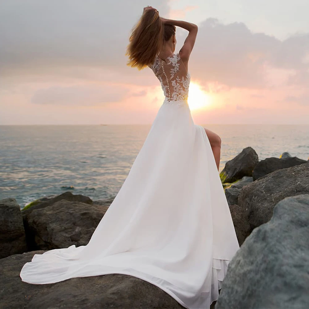 Прости летни шифоновые сватбени рокли 2024, сватбена рокля с цепка в стил бохо, с кръгло деколте, без ръкави, лейси апликация, Vestidos De Noiva1