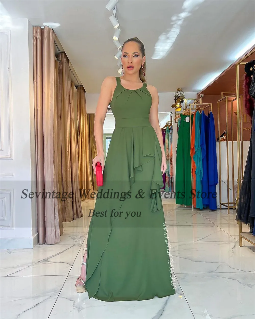 Маслинено-зелени вечерни рокли за абитуриентски бал, трапециевидные вечерни рокли на спагети презрамки, дамски официални рокли, модни тоалети 20231