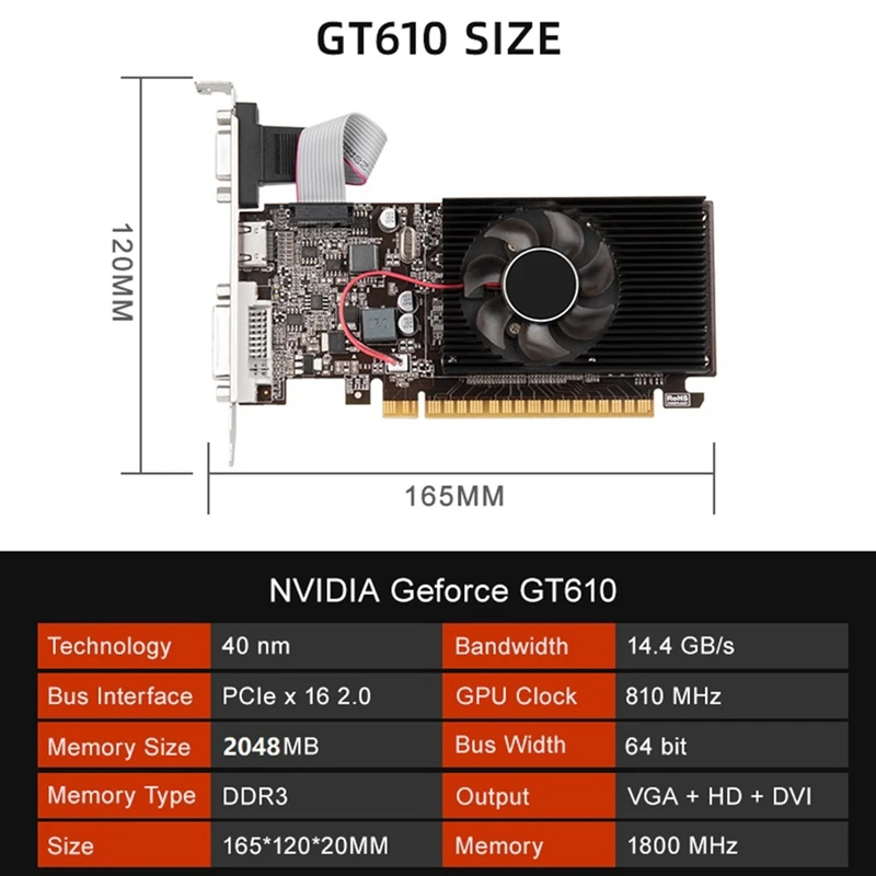 Видео карта GT610 DDR3 True 2 GB 810 Mhz Компютърна графична Карта PCI-E 16X, което е Съвместимо с HDMI + VGA + DVI, С Ниско Ниво на Шум За Настолни КОМПЮТРИ5
