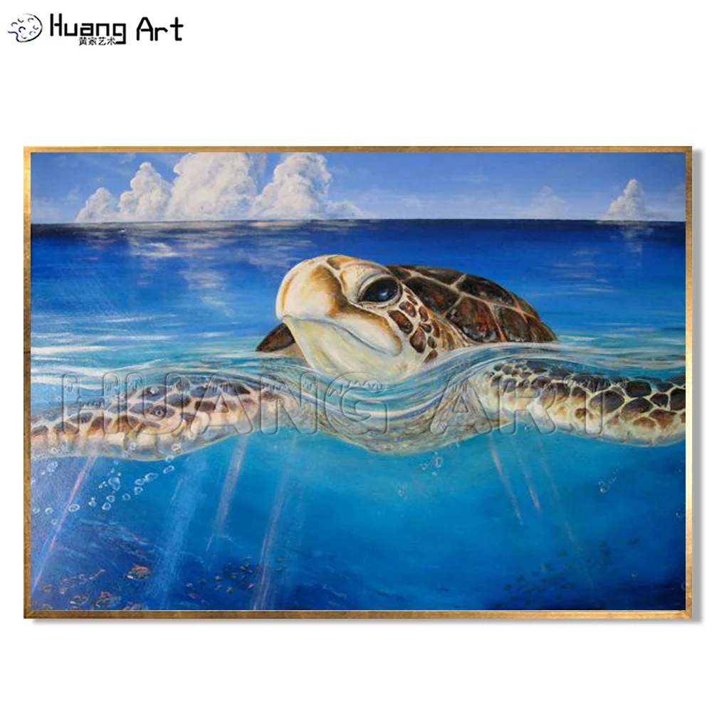 Модерна декорация на хола Морски пейзаж Ръчно рисувани висококачествено съвременно животно на Морска костенурка Живопис с маслени бои върху платно за декора на стените0