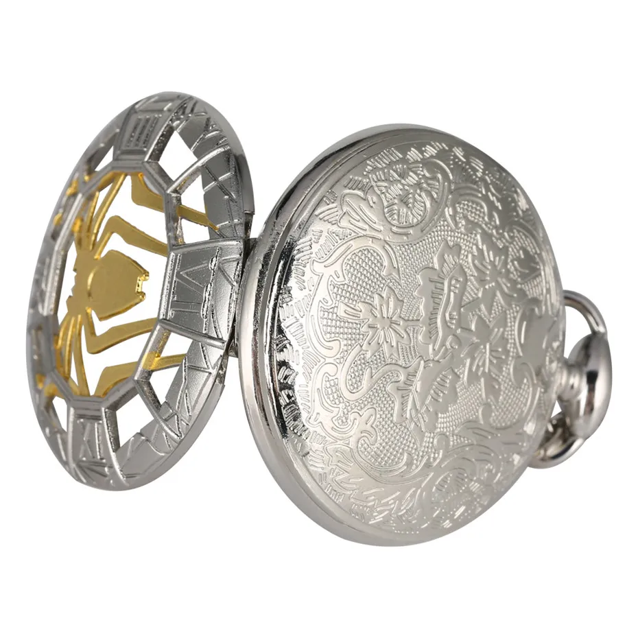 Стръмни джобен часовник с кухи кварцов дисплей във формата на паяк, реколта висящи часовници със сребърна огърлица-на веригата за мъже и жени reloj de bolsillo4