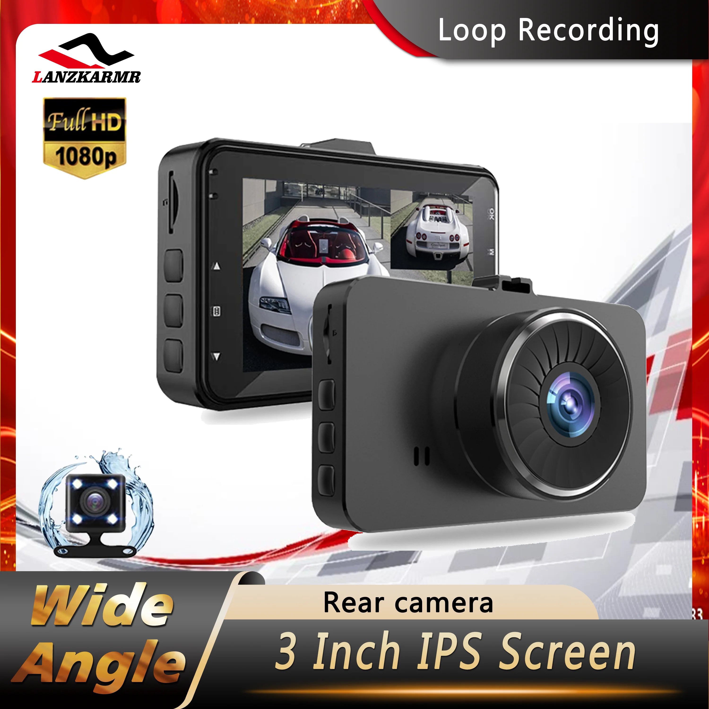 Един dashcam 3-инчов IPS екран с 1080P FHD DVR автомобилен видеорекордер 170 ° нощно виждане с две лещи авторегистратор камера0