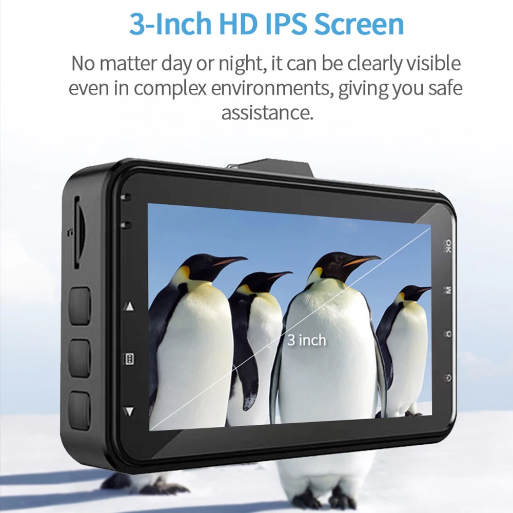 Един dashcam 3-инчов IPS екран с 1080P FHD DVR автомобилен видеорекордер 170 ° нощно виждане с две лещи авторегистратор камера2