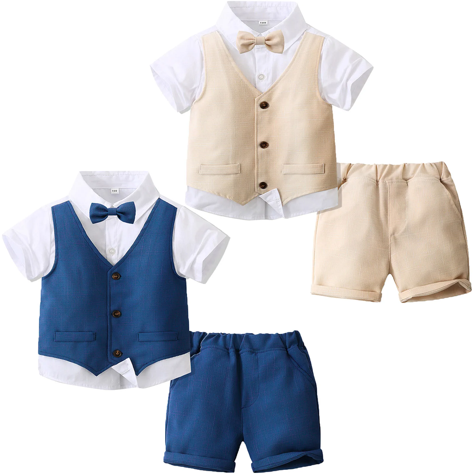 Комплекти за джентльменских партита за малки момчета, вечерни костюми за рожден ден от три елемента, риза с къс ръкав, жилетка с лък и къси панталони, комплекти1