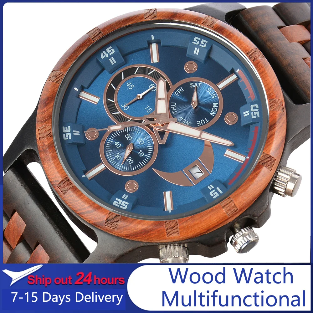 Дървени часовници, Богат на функции, подарък за годишнина от седмицата Montre En Bois Homme, текст на поръчка, Ръчен часовник от палисандрово дърво за мъже, дървени часовници0