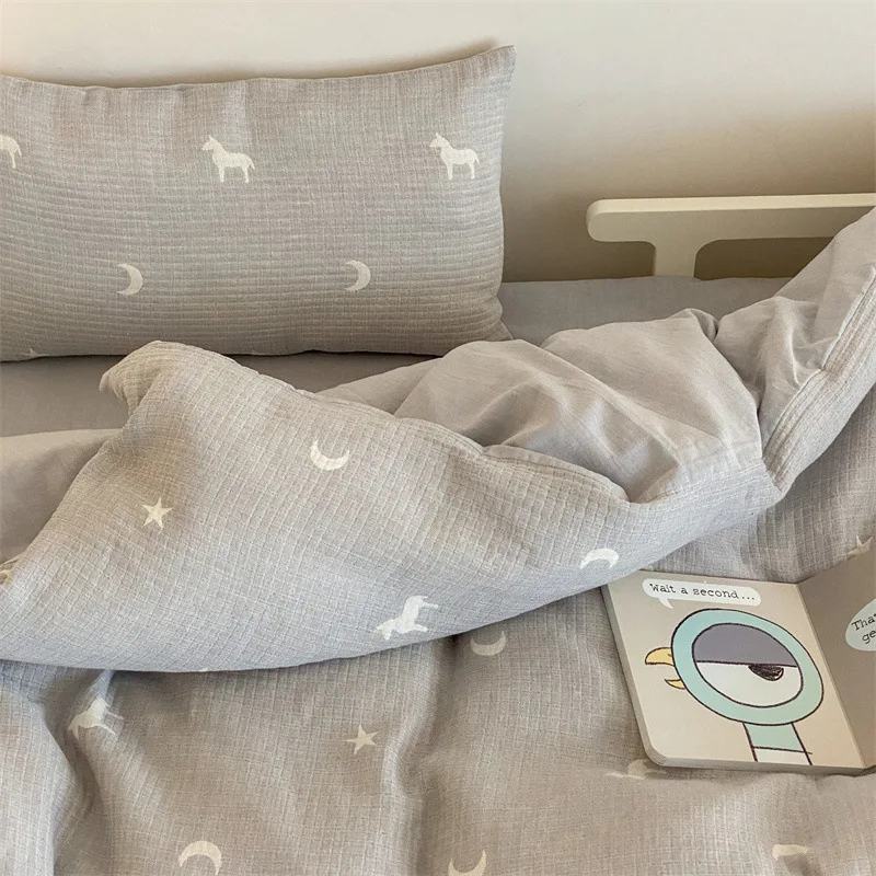 Комплект детско спално бельо Мечка Звезда, Луната на 3 слоя плат жакард комплект спално бельо за легло пухени чаршаф калъфка без пълнител0