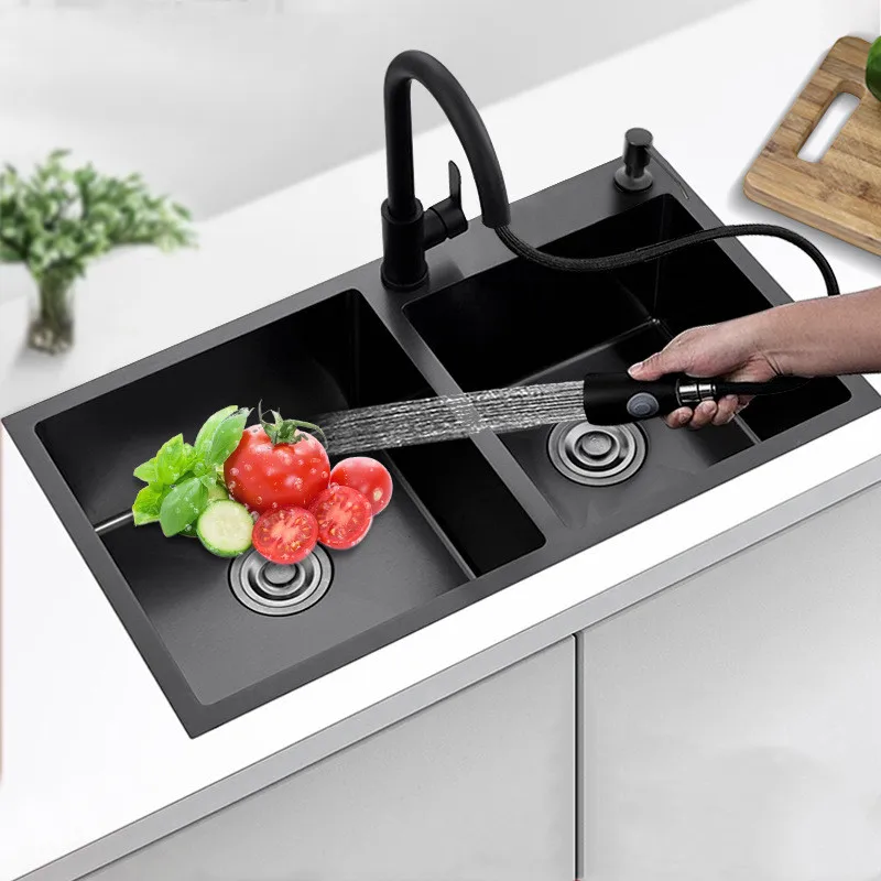 Луксозна Нано черна кухненска мивка от неръждаема стомана SUS 304 ръчно изработени с двойна чаша 820*450*220 мм4