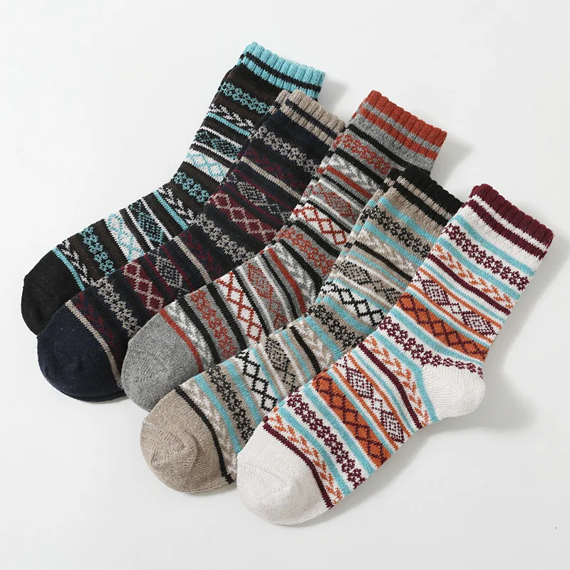 5 Чифта Чорапи от изкуствена домакинството е заек овча вълна за мъже - Двуслойни Памучни Чорапи до средата на Прасците в Етнически Стил, в Стил Ретро - Нови Зимни Дебели Топли0