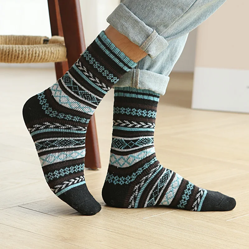 5 Чифта Чорапи от изкуствена домакинството е заек овча вълна за мъже - Двуслойни Памучни Чорапи до средата на Прасците в Етнически Стил, в Стил Ретро - Нови Зимни Дебели Топли2