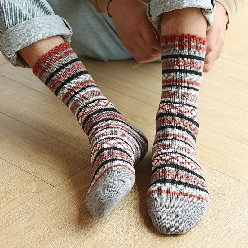 5 Чифта Чорапи от изкуствена домакинството е заек овча вълна за мъже - Двуслойни Памучни Чорапи до средата на Прасците в Етнически Стил, в Стил Ретро - Нови Зимни Дебели Топли3