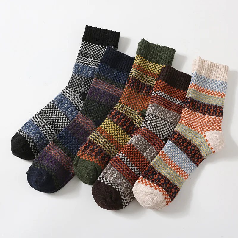 5 Чифта Чорапи от изкуствена домакинството е заек овча вълна за мъже - Двуслойни Памучни Чорапи до средата на Прасците в Етнически Стил, в Стил Ретро - Нови Зимни Дебели Топли4