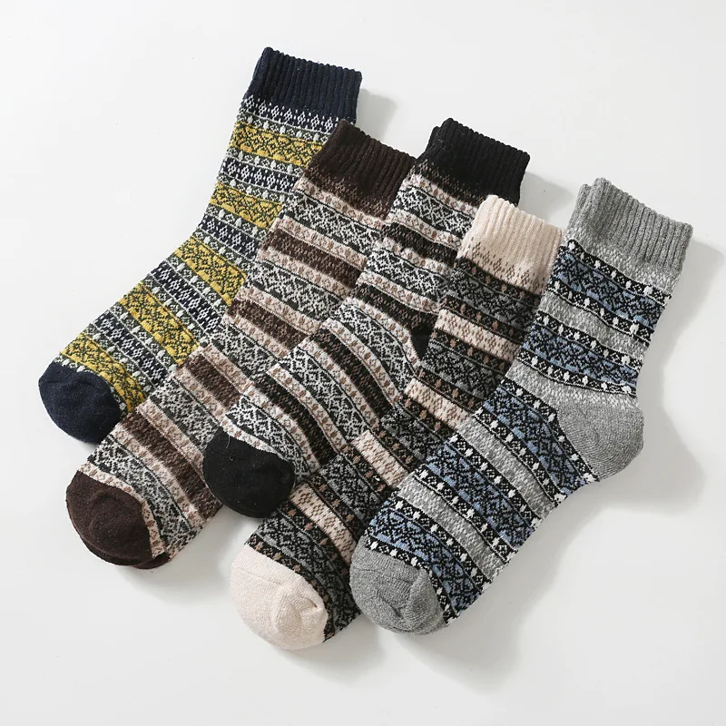 5 Чифта Чорапи от изкуствена домакинството е заек овча вълна за мъже - Двуслойни Памучни Чорапи до средата на Прасците в Етнически Стил, в Стил Ретро - Нови Зимни Дебели Топли5